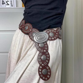 Heyjoin Oval Disc Belt for Women Wide Leather Concho Belts Boho Western Disc Link (Oval Silver Brown-M)