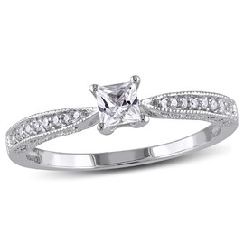 Lab-Created White Sapphire 1/4 Carat (ctw) Princess Cut Engagement Ring with Diamonds in Sterling Silver