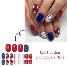 Independence Day Press on Nails Short Square Fake Nails with Star Designs Glossy Red Blue False Nails Lines Stick on Nails Reusable Full Cover 4th of July Acrylic Nails for Women Girls Manicure 24Pcs