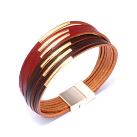 Retro Leather Wrap Bracelets for Women Metal Pipe Cuff Bracelets Boho Bangle Bracelet Multilayer Wide Bracelet Leather Bracelets with Clasp(red brown)