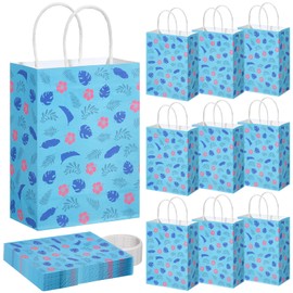 Gilprop 24 Pcs Cute Hawaiian Blue Pink Party Favor Gift Paper Bags with Handle Cartoon Animation Paper Goodie Bags for Birthday Party Supplies Decorations