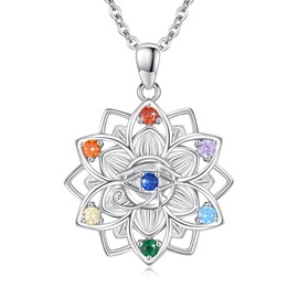 MOPOPOK Chakra Necklace 925 Sterling Silver Lotus Pendant Eye of Horus Necklace Yoga Lotus Jewelry Gift for Women