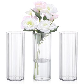 Suream 9.8 Inch Tall Clear Bud Vases, 3 Packs Plastic Vases for Centerpieces, Modern Decorative Hurricane Vases for Living Room, Kitchen, Office, Wedding Decoration