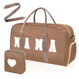 Mama Hospital Bag for Women Labor and Delivery Nylon Chenille Letter Embroidered Duffle Overnight Weekender Bag with Shoes Compartment Mothers Day Gifts (Brown, Mama)