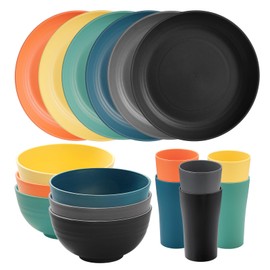 18pcs Wheat Straw Dinnerware Sets, SANLUNS Unbreakable Reusable Dinnerware Set for 6,Kitchen Cups Plates and Bowls Sets Plates Cups and Bowls Set Dishwasher Microwave Safe Dinner Dishes