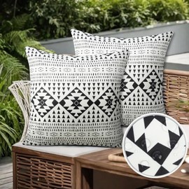 Adabana Outdoor Waterproof Throw Pillow Covers Set of 2 Outdoor Geometric Decorative Pillow Covers for Patio Funiture Garden 18x18 Inch Black and White
