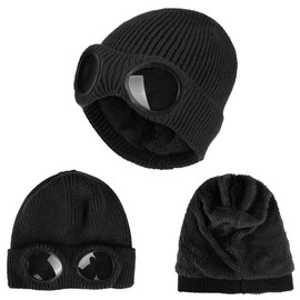Belsen Unisex Goggle Knitted Beanie Hat Windproof Warm Winter Skull Cap (Black)