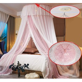 VETHIN Bed Canopy Princess for Girls,Bed Canopy Curtain Double Layer Sheer Mesh Dome Bed Curtain- Round Lace Princess Mosquito Net Tent for Twin Full Queen King Bed(Pink/White)