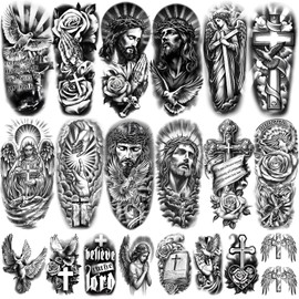 Yazhiji 77 Hojas De Tatuajes Temporales Cristianos Para Adultos Tatuajes Falsos Religiosos De Jesucristo Cruz Ángeles Dios Medio Brazo Tatuajes Temporales Realistas De Cristo Católico Para H