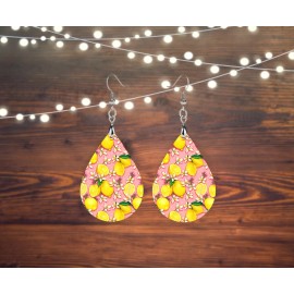 Twisted R Design Lemons on Pink Tear Drop Earrings Wood Dangle Earrings Hypoallergenic