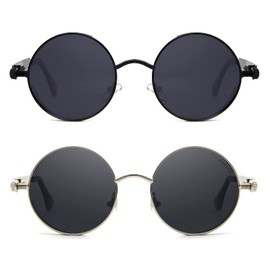 RONSOU Steampunk Style Round Vintage Polarized Sunglasses Retro Eyewear UV400 Protection Matel Frame Black & Silver