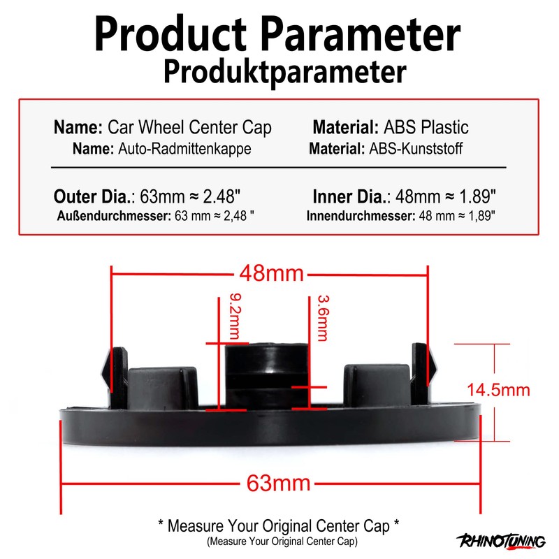 RhinoTuning 4 Pcs Set 63mm Wheel Centre Cap OD 63mm