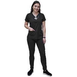 ANGIE UNIFORMS YOGAFLEX Jogger Scrubs for Women Set. Regular and PETITE. Side Spandex 2 Pockets Top with Yoga Waist Joggers. A410 (BLACK, XS)