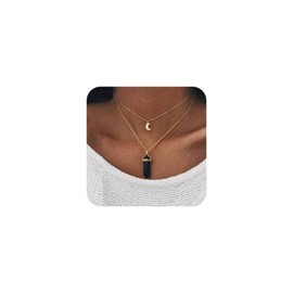 Aneneiceera Boho Layered Shiny Hexagon Column Crystal Necklace Vintage Moon Pendant Choker Necklace Gold Chain Multilayer Necklace Jewellery for Women Girls