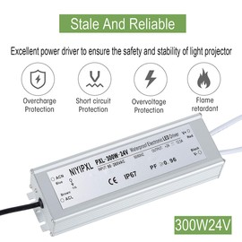 LED Driver 300 Watts(150W X2) 24V DC Transformer， Waterproof IP67 Power Supply, 24V DC Low Voltage Output Adapter with 3-Prong Plug 3.3 Feet Cable for LED Light, Computer Project, Outdoor Light