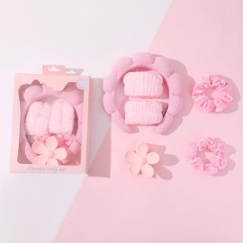 Esther Pink Beauty Tools Set with Women Hair Band, 2 Scrunchies, Flower Hair Clip, Gift Box (Pink)