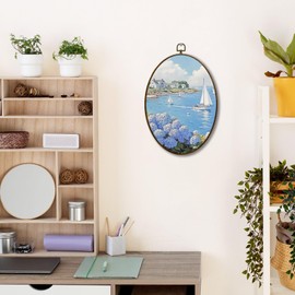 JQF Coastal Beach Blue Hydrangea Floral Oval Wall Decor, Luxury Seaside Sailboat Beachy Oval Canvas Wall Art, Coastal Hydrangea Framed Prints Hanging Decor for Home Bedroom Living Room, 8.5x11.5 Inch