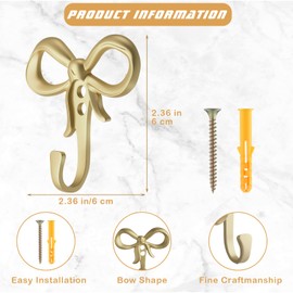 Otoolling 2 Pack Gold Small Bow Wall Hook Bow Knot Hooks for Wall 2.36'' Decorative Coat Holder Metal Bowknot Door Hanger for Hats Bags Tie Bath Towels Coats
