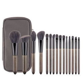 Juego de 15 brochas de maquillaje con bolsa, base, sombra de ojos, mezcla de cejas, brocha de maquillaje de cuero PU