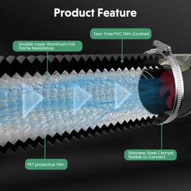 Dryer Vent Hose, 12" Insulated Flexible Duct 25FT with 2 Clamps, Heavy Duty Four Layer Protection for Heating Cooling Ventilation and Exhaust, Black