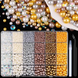 Flatback Pearls and Resin Rhinestones for Crafting, Wedding Colors 3-8mm Half Pearls and 3-6mm Jelly Rhinestones with Pickup Tools, Bedazzling Gems for DIY Crafts Nail Art (07-24 grids-Wedding)