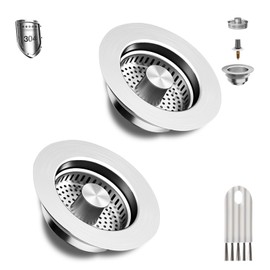 2 Pack 3 in 1 Kitchen Sink Drain Strainer & Sink Stopper, Upgraded Stainless Steel Drain Plug Combo with Anti-Clog Basket, Pop Up Drain Cover for Standard 3-1/2'',Garbage Disposal Parts