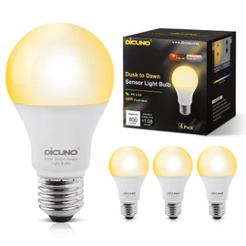 DiCUNO - Bombillas con sensor de luz de anochecer al amanecer para exteriores, foco LED A19 de encendido/apagado automático, equivalente a 9 W de 60 W, blanco suave de 2700 K, 800 lm, iluminación