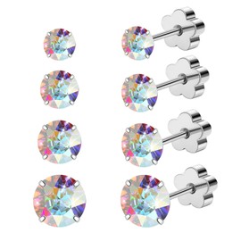 4 Pairs Flat Back Earrings AB Cubic Zirconia Studs Flower Flatback Earrings for Women Girls，G23 Titanium Earrings for Sensitive Skin 14K Gold Hypoallergenic Cartilage Nap Earrings 2-5mm (Silver)