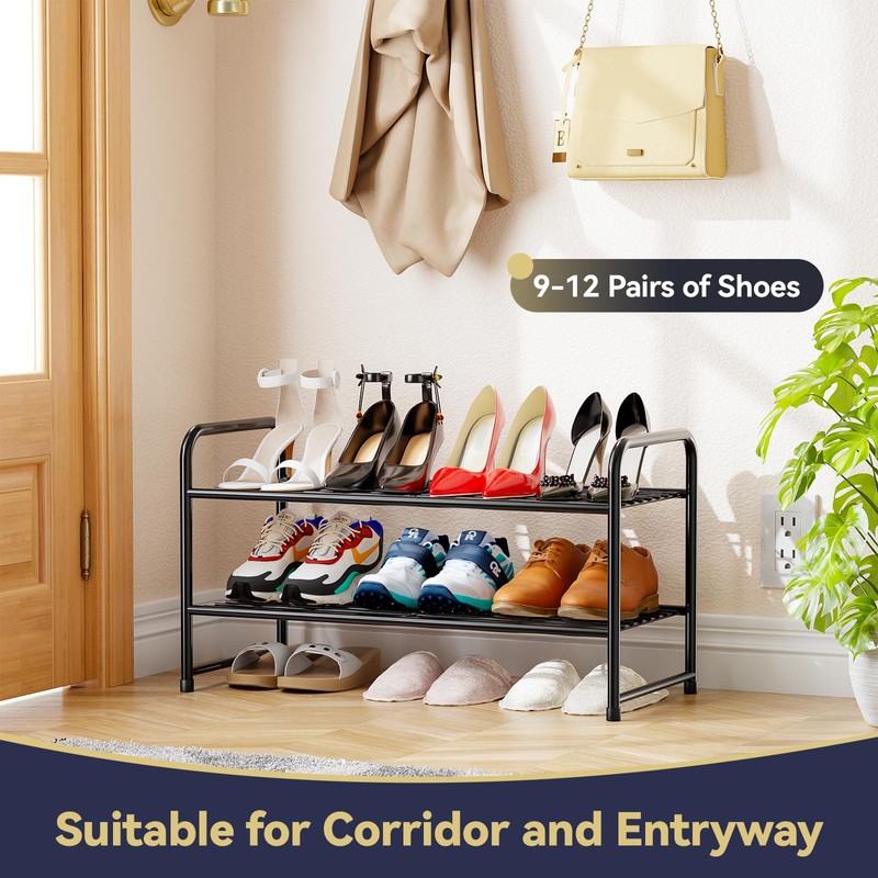 MWQ 2 Tier Shoe Rack Organizer for Closet, Stackble, Black