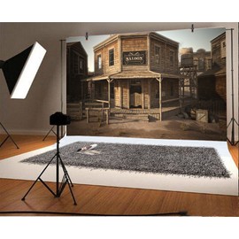 LFEEY 10x8ft Western Cowboy Saloon Backdrop Wild West Wood Architecture Vintage Wooden Building Barn Bank Photography Background Travel Portrait Photo Booth Props