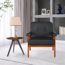 STHOUYN Mid Century Faux Leather Black Accent Chair with Wood Arms, Small Comfy Reading Chair for Small Spaces, Armchair Comfortable Chairs for Living Room Bedroom Office, Easy Assembly (1, Black)