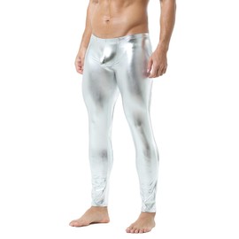 QiaTi Men's Tight Pants Faux Leather Men Leggings Long Trousers PU Skinny Slim Pants Club Dance Silver