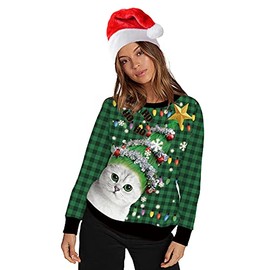 COLORFUL BLING Green Christmas Ugly Sweater Women Tree Cat Sweatshirt Men Crewneck Graphic Pullover Party, 2XL