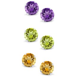 Gem Stone King Set of 3 Round 4MM Amethyst, Citrine and Peridot Stud Earrings For Women Men in 925 Sterling Silver