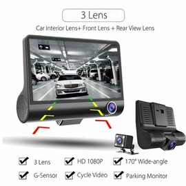 4" Touchscreen 3 in 1 LCD HD DashCam 2 Front 1 Rear Lens 1080P HDR Dual Parking Dash Cam Car Van Security Camera 170 Wide Angle Night Vision Motion Detection G-Sensor DVR Recorder Loop Recording 64GB