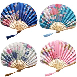 MEOAlBkey 4-Pack Elegant Hand Folding Fans,Vintage Silk Chinese Style Fans with Tassels for Women Weddings & Home Decor