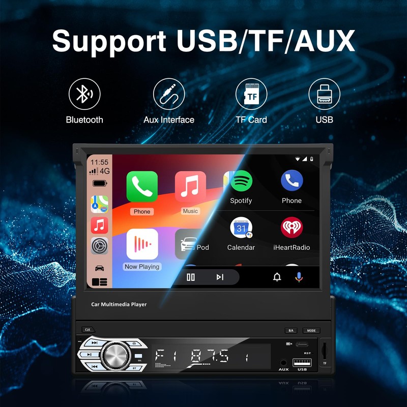Single-Din-Touchscreen-Radio,Carplay&Android Auto,Car-Stereo-with Backup Camera Bluetooth/FM/RDS Radio/Type-C/USB/SD/MP4/MP5 Player EZoneTronics