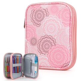 Katech Crochet Hook Case-Empty Zipper Bags Portable Travel Crochet Storage Bag Organizer with Web Pocket and Crochet Hook Holder Slots for Carrying Crochet Needles (Up to 7'')