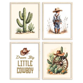 ZOIYINO Western Cowboy Wall Art Prints, Cowboy Hat, Cactus, Desert Wall Art Prints, Western Wall Art Prints for Toddlers, Baby Boys Room, Boys Room Decoration, Set of 4 (8x10 inch)