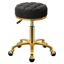 HZLCMPY Rolling Stool Gold Vanity Stool with Wheels, Pedicure Massage Roller Stools, PU Leather Round Swivel Salon Spa Chair, Titanium Gold Base, Height Adjustable 43-55 cm (Black)