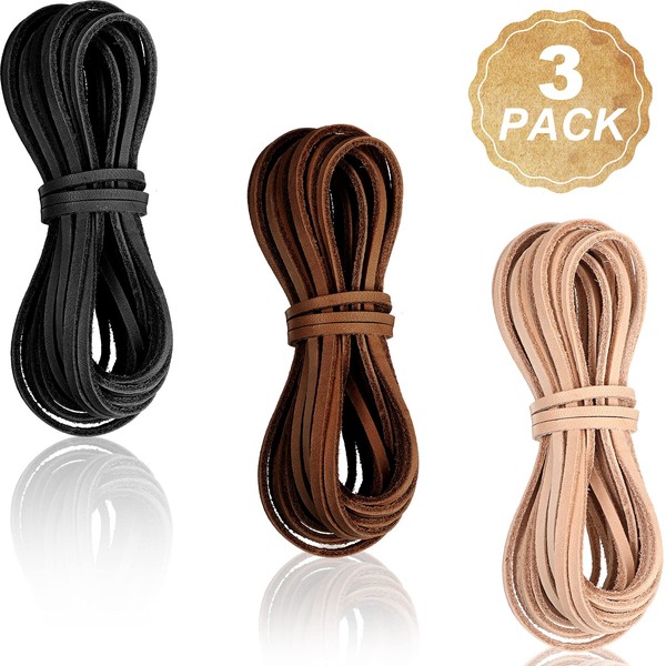 16.5 Yards 3 Bundles Natural Flat Leather Cord Leather Rope Thread for Leather Shoes Laces, Jewelry Making, Necklace, Bracelet, Beading and DIY Crafts, Black, Nature and Brown