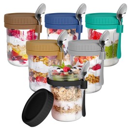 6 Pack Overnight Oats Containers with Lids and Spoons, 16 OZ Glass Mason Overnight Oats Jars, Large Capacity Airtight Jars for Milk, Cereal, Fruit