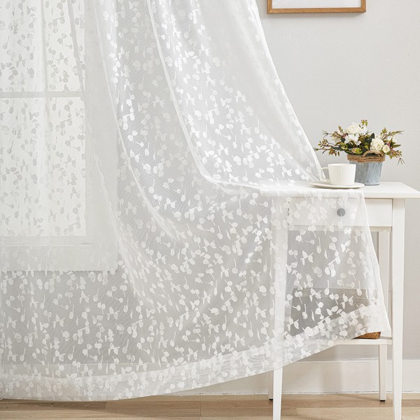 White Lace Sheer Curtain for Living Room Bedroom Leaf Buds