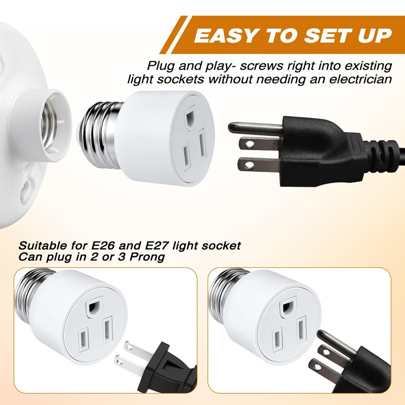 3 Prong Light Socket to Outlet Adapter, E26/E27 Screw in