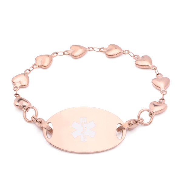Rose Gold Stainless Heart Chain Medical Id Bracelet - Diabetes