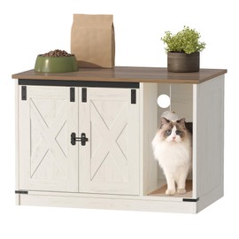 Hzuaneri Hzuaneri Cat Litter Box Enclosure, Hidden Litter Box Cabinet Furniture with Cat Bell, Indoor Cat House, Farmhouse Style, 31.5 x 19.7 x 20.9Inches, for Hallway, Bedroom, Rustic Brown and White CB82414X