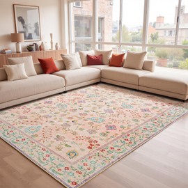 Goideal Floral Living Room Rug 5x7, Pale Pink Washable Area Rug Non Slip, Boho Low Pile Carpet with Rubber Backing for Bedroom Kitchen Bathroom Playroom Entryway Office