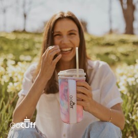 GoCuff Hot And Iced Coffee Cup Reusable Bottomless Sleeves Neoprene Insulator with Handle for Cold And Hot Beverage Coozies For Soda, Latte and Other Coffee Cups – Hustle (Large 32oz)