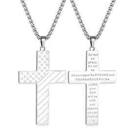 Stainless Steel Silver Cross Necklace for Men 18K Real White Gold Plated American Flag Pendant Chain Bible Verse Inspirational Necklaces 18 Inch