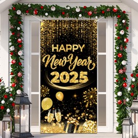 Happy New Year Door Cover 2025 New Year Party Decoration Glitter Black Gold New Year Eve Hanging Door Banner Cheers Champagne Fireworks Photo Background Indoor Outdoor Holiday Party Supplies
